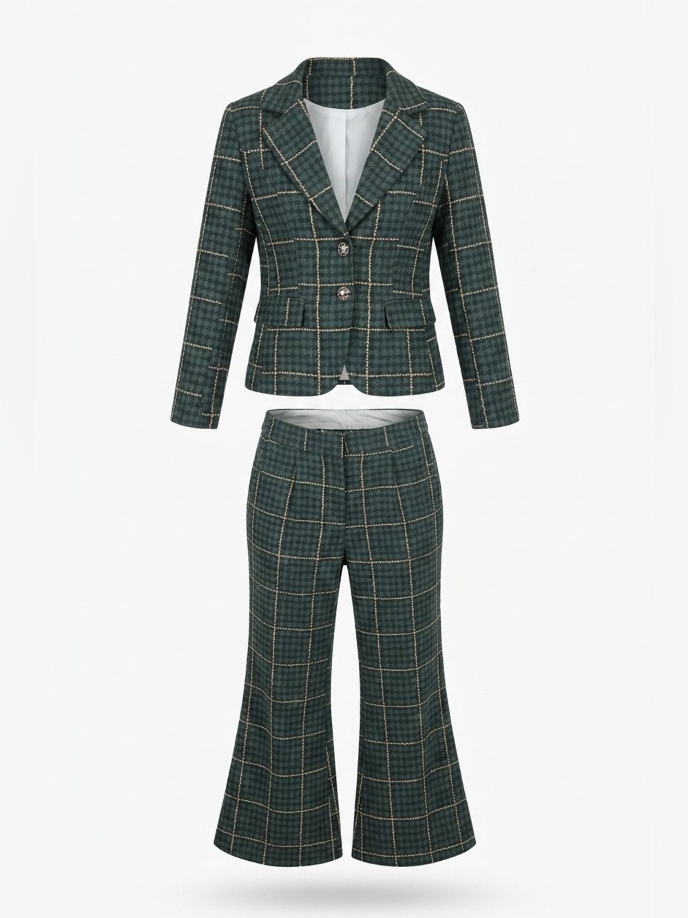 Women’s Outfit Set Checked Green Tailored Blazer & Flared Pants Size M
